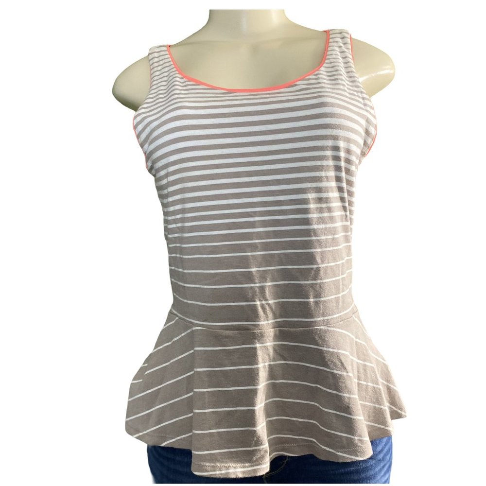 Stripe Sleeveless Blouse Peplum Top with Coral Piping by Express